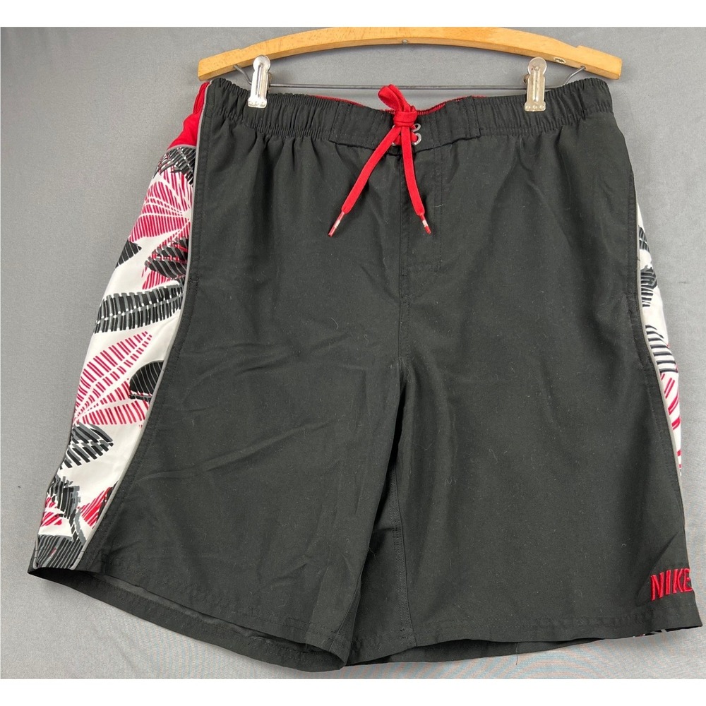 Nike Swim Trunks Mens Large Black Red White Tropical Palm Leaf Board Shorts L